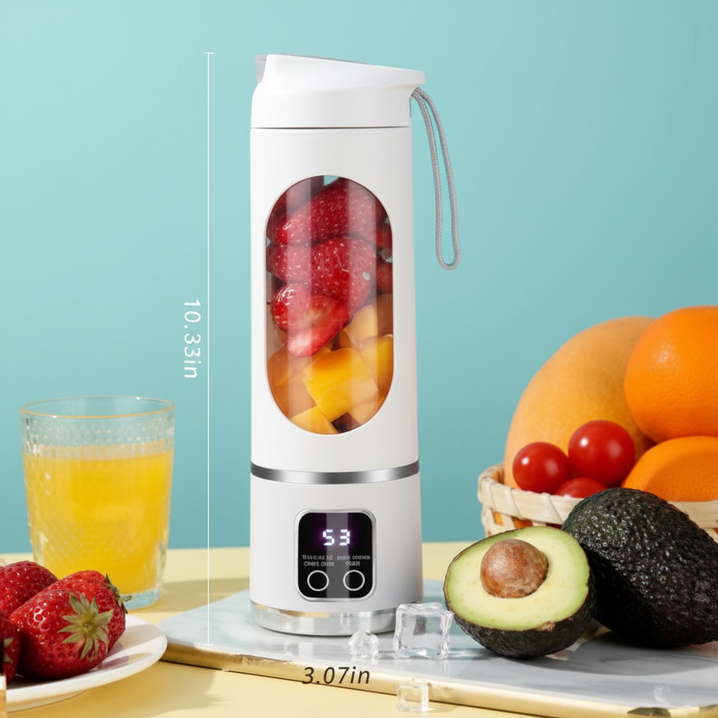 Licuadora portátil blanca con frutas, imagen de producto en alta resolución